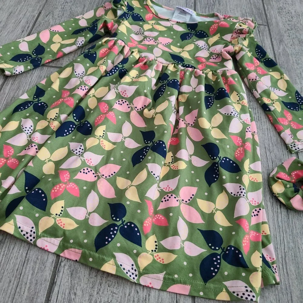 Blueberi Boulevard Green Leaf Print Long Sleeve Dress with Scrunchie Size 4T
